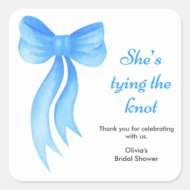 Blue Bow She's Tying the Knot Bridal Shower   Square Sticker (Front)