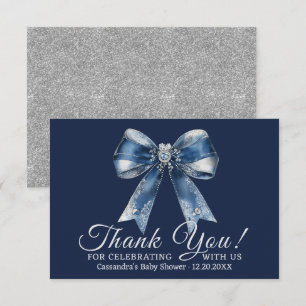Blue Bow Silver Glitter Baby Shower Thank You Card