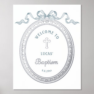 Blue Bow Silver Greek Frame Baptism Foil Poster
