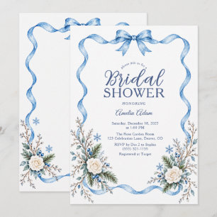 Blue Bow Snow Winter Floral Bridal Shower Invitation