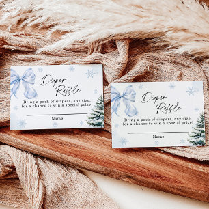 Blue Bow Snowflake Diaper Raffle Card, Winter Baby Enclosure Card