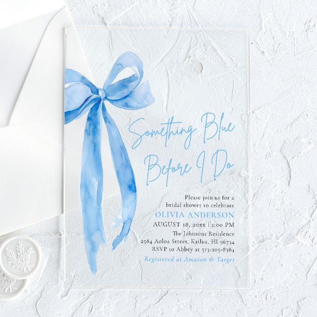 Blue Bow Something Blue Before I Do Bridal Shower Acrylic Invitations (Moder Watercolor Blue Bow Something Blue Before I Do Bridal Shower Acrylic Invitation)