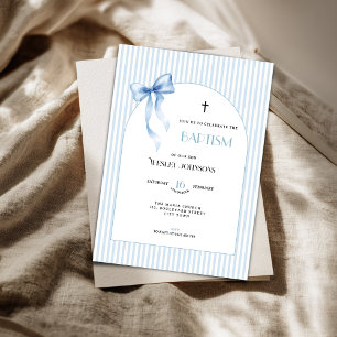 Blue Bow Striped Baptism Invitation for Boys