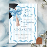 Blue Bow Stripes Coquette Tassel Graduation party  Invitation<br><div class="desc">Blue Bow Stripes Coquette Tassel Graduation party Invitation,  She Did It Graduation Party Announcement,  Editable Graduation Party</div>
