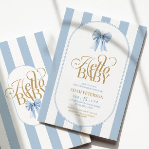 Blue Bow Stripes Elegant Baby Shower Invitation