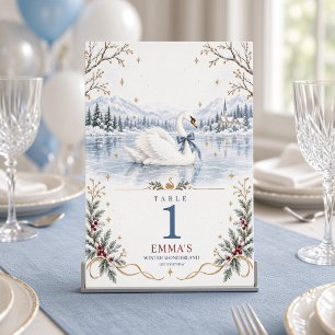 Blue Bow Swan Winter Wonderland Birthday Table Number