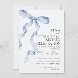 Blue Bow Sweet Sixteen Birthday Party Invitation