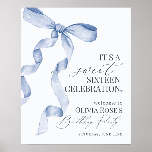 Blue Bow Sweet Sixteen Birthday Party Welcome Sign (Front)