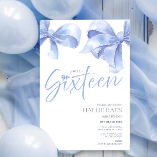 Blue Bow Sweet Sixteen Invitation, 16th Birthday Invitation