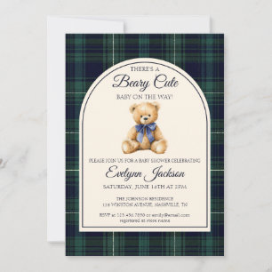 Blue Bow Teddy Bear All In One Boy Baby Shower Invitation