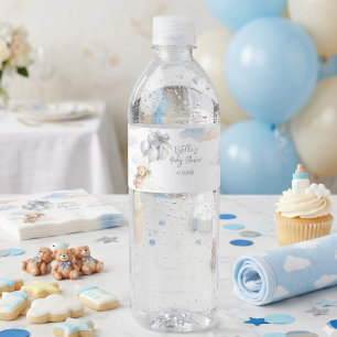 Blue Bow Teddy Bear Balloons Clouds Baby Boy Water Bottle Label