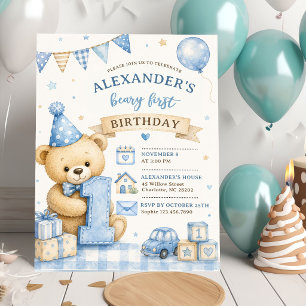 Blue Bow Teddy Bear Tartan Birthday Invitation