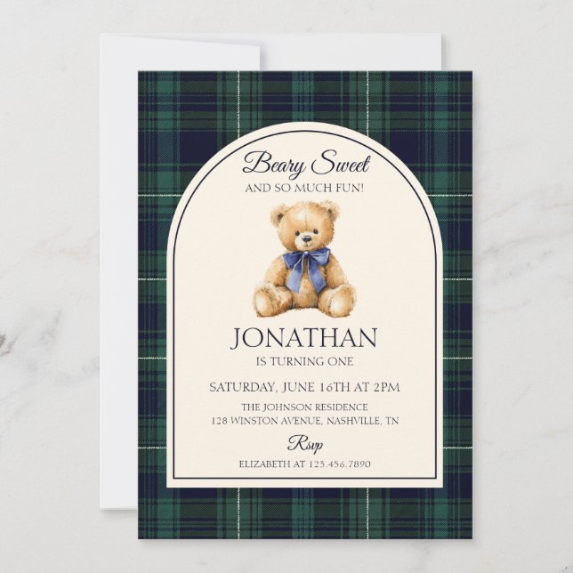 Blue Bow Teddy Bear Tartan Birthday Invitation (Front)