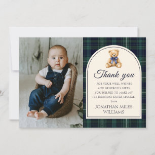 Blue Bow Teddy Bear Tartan Birthday Photo Thank You Card