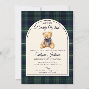 Blue Bow Teddy Bear Tartan Boy Baby Shower Invitation