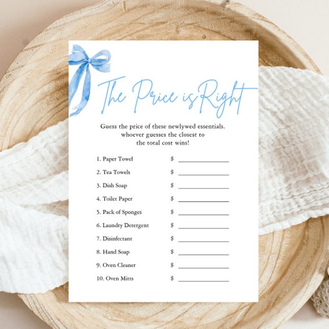 Blue Bow The Price is Right Bridal Shower Game Invitation (Modern Watercolor Dusty Blue Bow The Price is Right Bridal Shower Game)