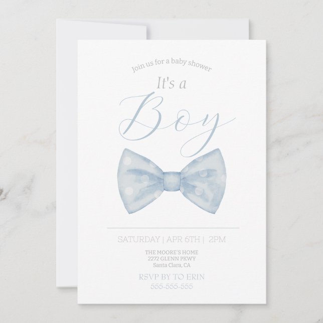 Blue bow tie it's boy baby shower invitation (Front)