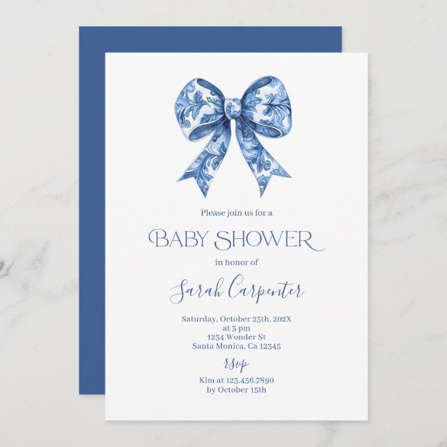Blue Bow Toile Baby Shower Boy Invitation (Front/Back)