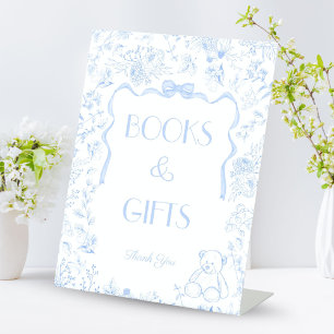 Blue Bow Toile de Jou Baby Shower Books and Gifts Pedestal Sign