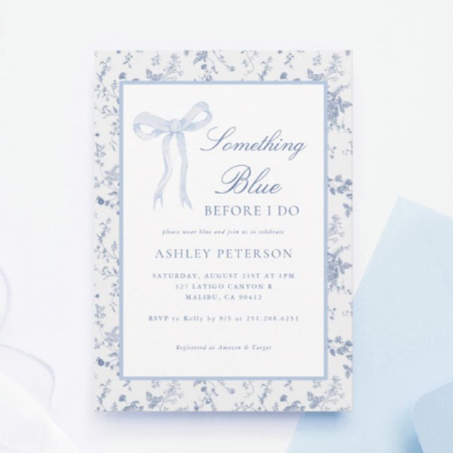 Blue Bow Toile Something Blue Bridal Shower Invitation (Creator Uploaded)