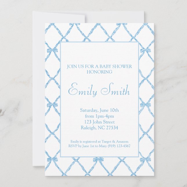 Blue Bow Trellis Baby Boy Shower Invitation (Front)