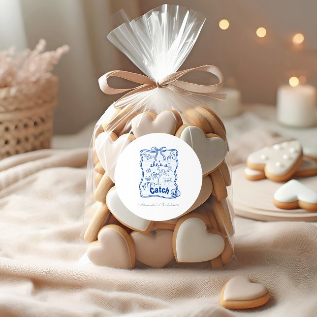 Blue Bow Tropical Bachelorette Classic Round Sticker (Creator Uploaded)