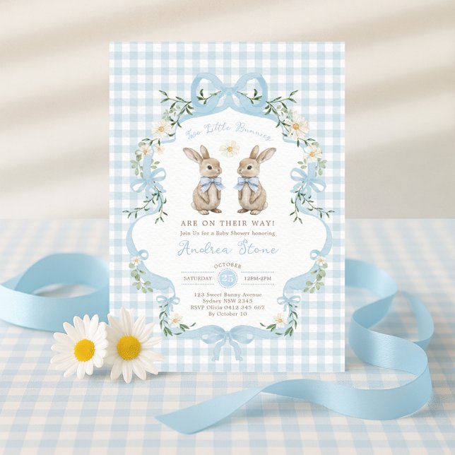 Blue Bow Twin Boys Bunny Baby Shower Invitation (Creator Uploaded)