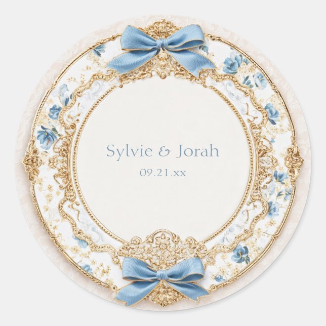 Blue Bow Victorian Floral Wedding Sticker (Front)