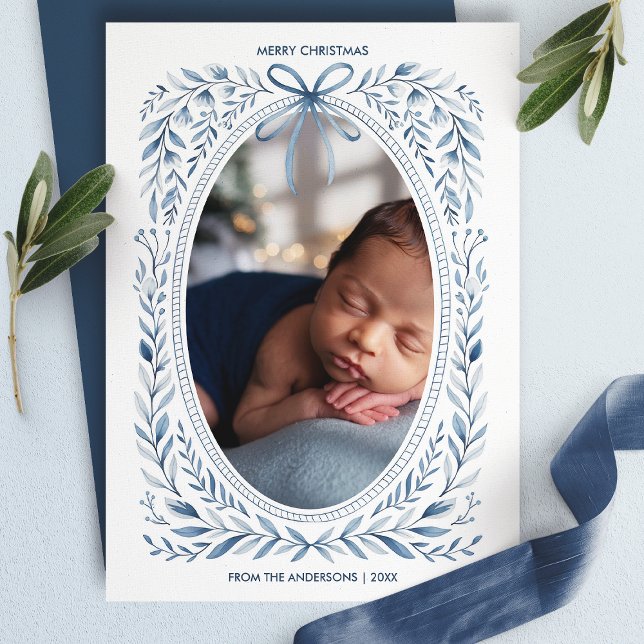 Blue Bow Watercolor Botanical Oval Photo Christmas Holiday Card (Creator Uploaded)