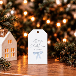 Blue Bow Watercolor Merry Christmas Gift Tags