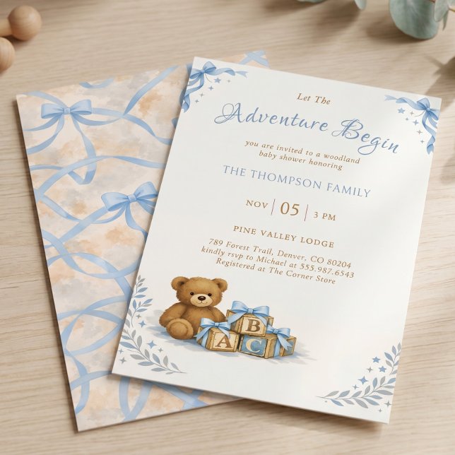 Blue Bow Watercolor Teddy Bear Baby Shower Invitation (Blue Bow Watercolor Teddy Bear Baby Shower Invitation)