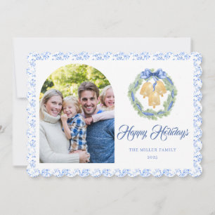 Blue Bow Watercolor Wreath Grandmillenial Holiday Card