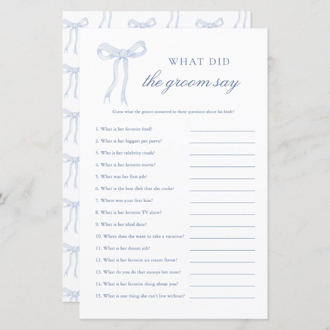 Blue Bow What Did The Groom Say Pink Bridal Game (Front/Back)