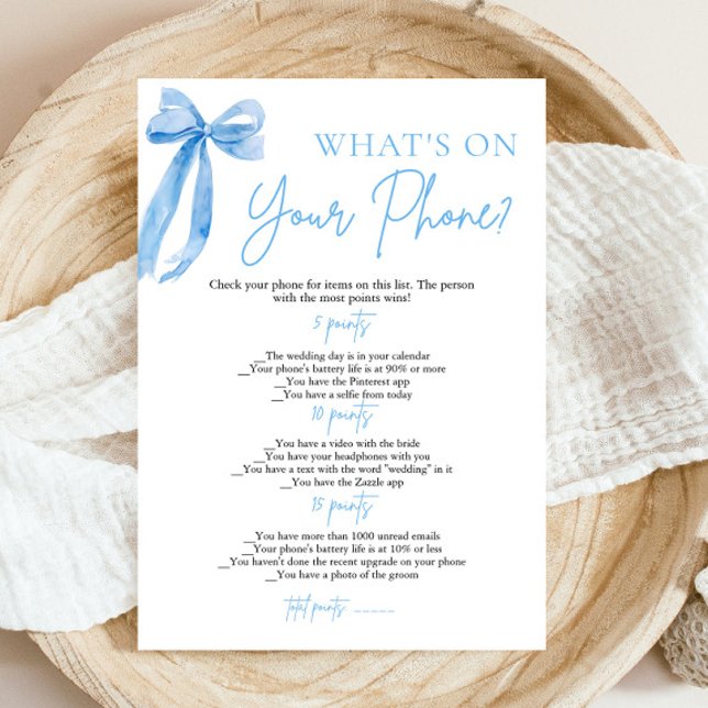 Blue Bow What's On Your Phone Bridal Shower Game Invitation (Modern Watercolor Dusty Blue Bow What's On Your Phone Bridal Shower Game)