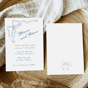 Blue Bow Whimsical Handwritting Elegant Wedding Invitation