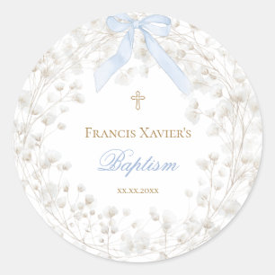  blue bow white baby's breath flowers Baptism Classic Round Sticker