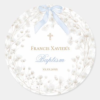 blue bow white baby's breath flowers Baptism Classic Round Sticker