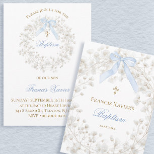 blue bow white baby's breath flowers Baptism Invitation