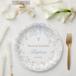  blue bow white baby's breath flowers Baptism Paper Plate
