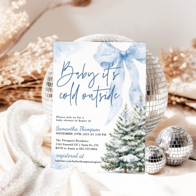 Blue Bow Winter Baby Shower It's Cold Outside Invitation (Creator Uploaded)