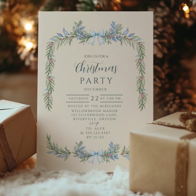 Blue Bow Winter Botanical Christmas Invitation (Creator Uploaded)