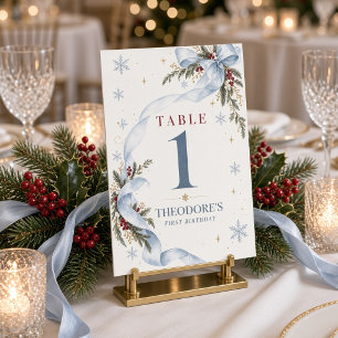 Blue Bow Winter First Birthday Table Number