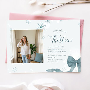 Blue Bow Winter Girl Photo 13th Birthday Party Invitation