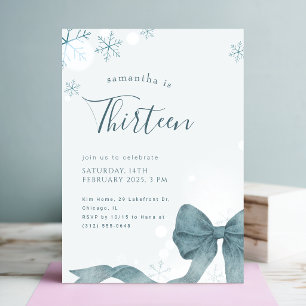 Blue Bow Winter Snowflake 13th Birthday Party Invitation
