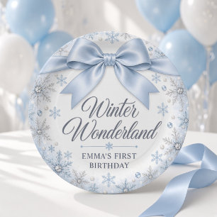 Blue Bow Winter Wonderland Paper Plate