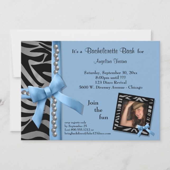 Blue Bow With Silver Pearls And Zebra Stripes Invitation (Front)