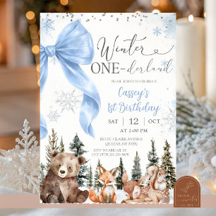 BLUE BOW Woodland Animal Winter Birthday Invitation