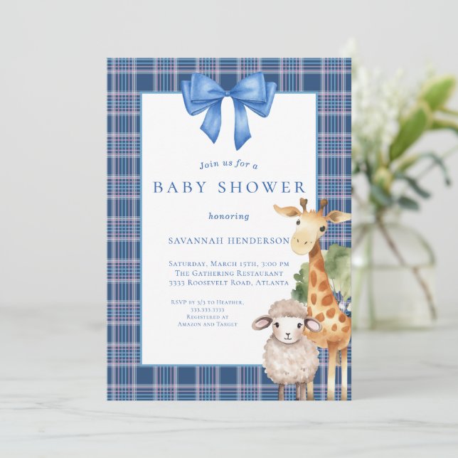 Blue Bow Woodland Animals Baby Shower Invitation (Standing Front)