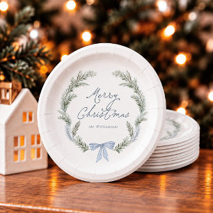 Blue Bow Wreath Botanical Christmas Paper Plate