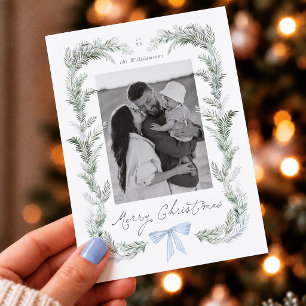Blue Bow Wreath Botanical Christmas Photo Holiday Card